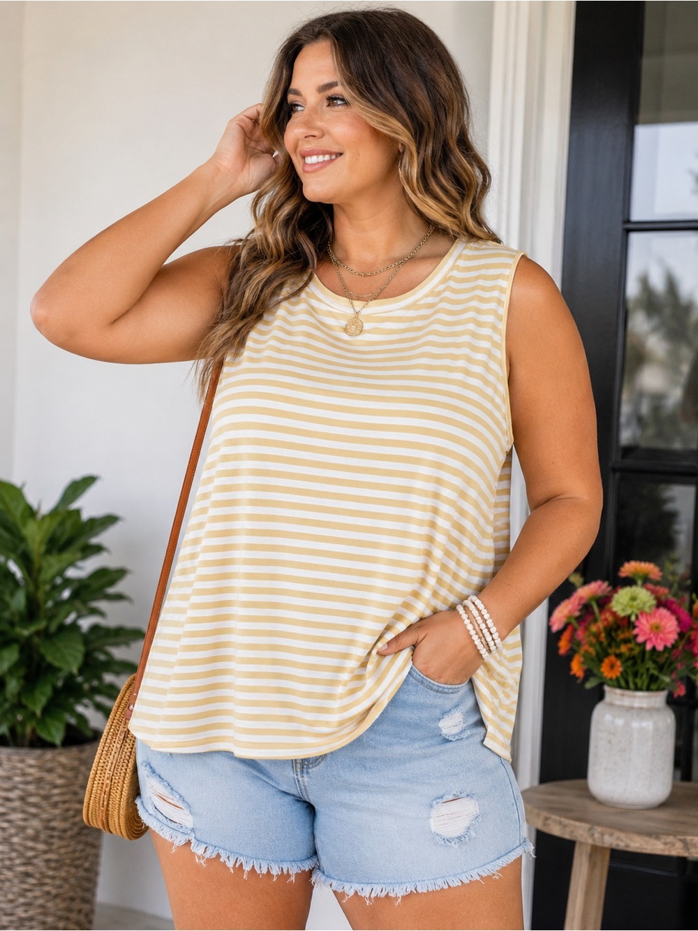 Universal Thread 2X Yellow & White Striped Cotton Tank Top | Oversized Casual Su